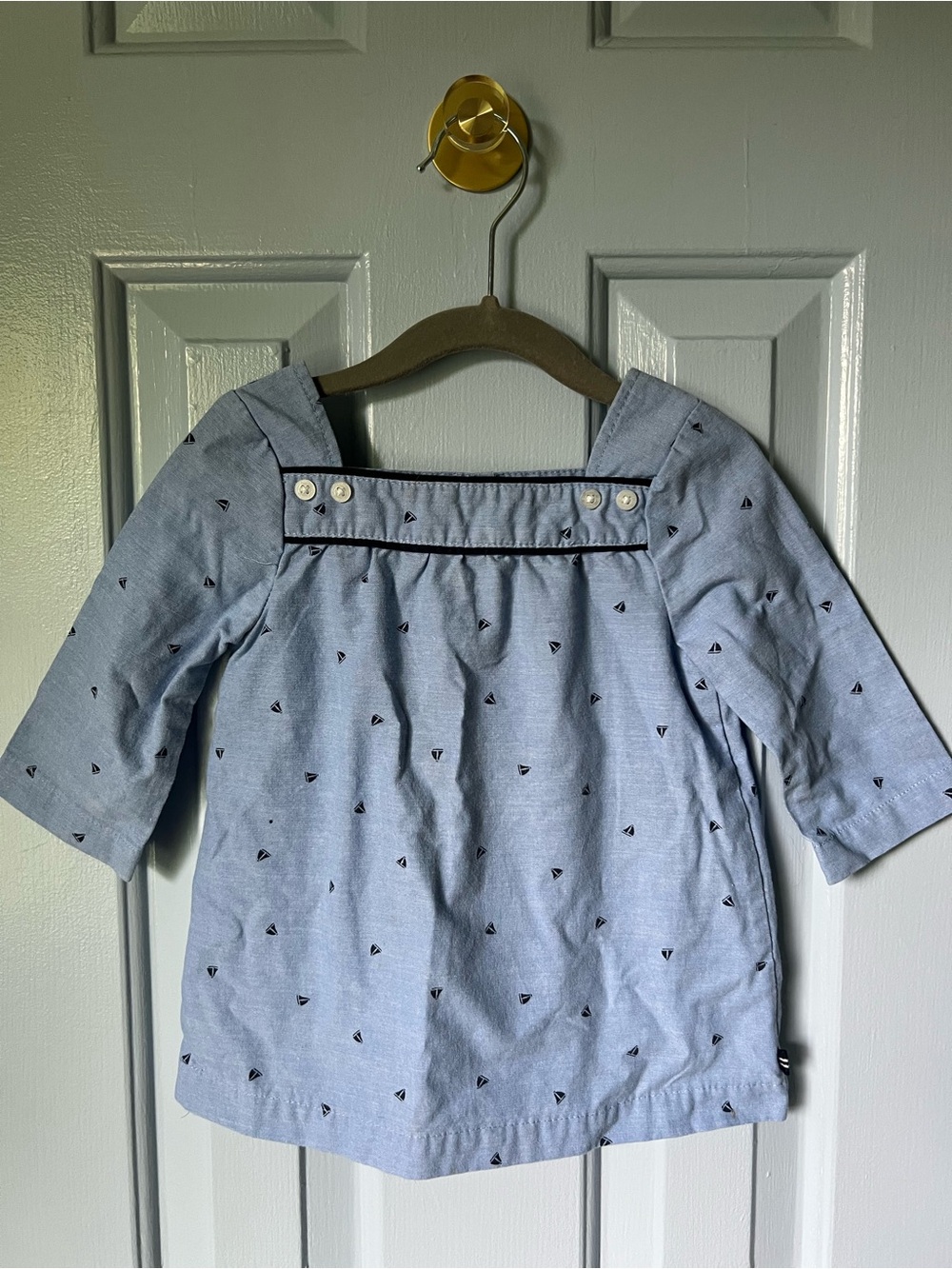 Nautica Light Blue Boatneck Top with Tiny Sailboat Pattern, 3T